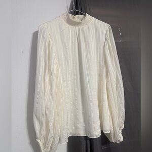 1.State Women Off White Smocked Neck Sequin Stripes  Blouse Top Size L